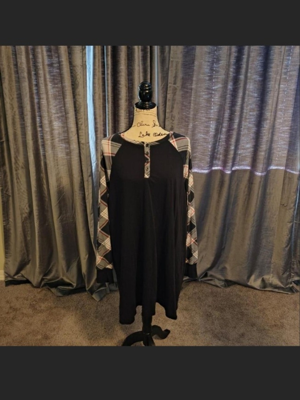 Cacique Black Nightshirt with Plaid Sleeves